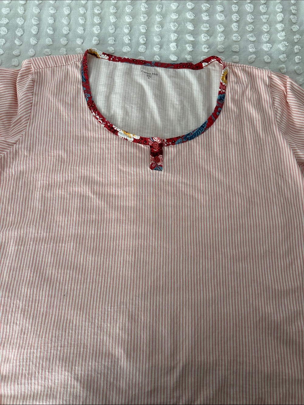 Garnet Hill Organic Cotton Pink Striped Pajama Set with Floral Trim - Picture 4 of 5
